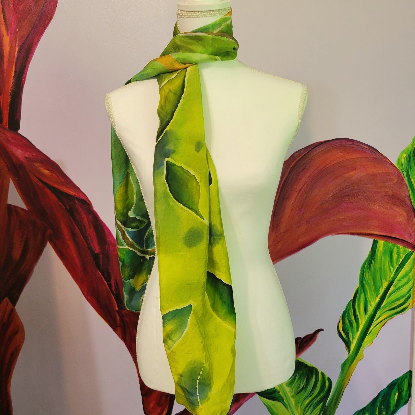 Pixie Hollow – Hand Painted Habotai Silk Scarf, Green Vine & Leaf Design, Artisan Wearable Art Shawl