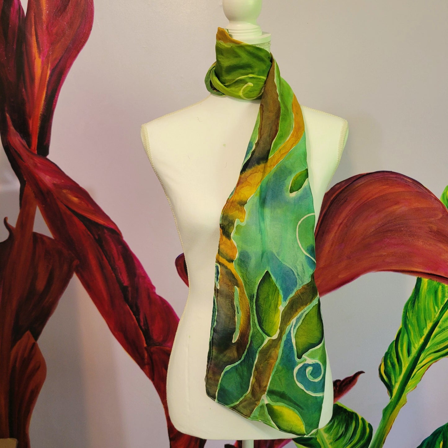 Pixie Hollow – Hand Painted Habotai Silk Scarf, Green Vine & Leaf Design, Artisan Wearable Art Shawl