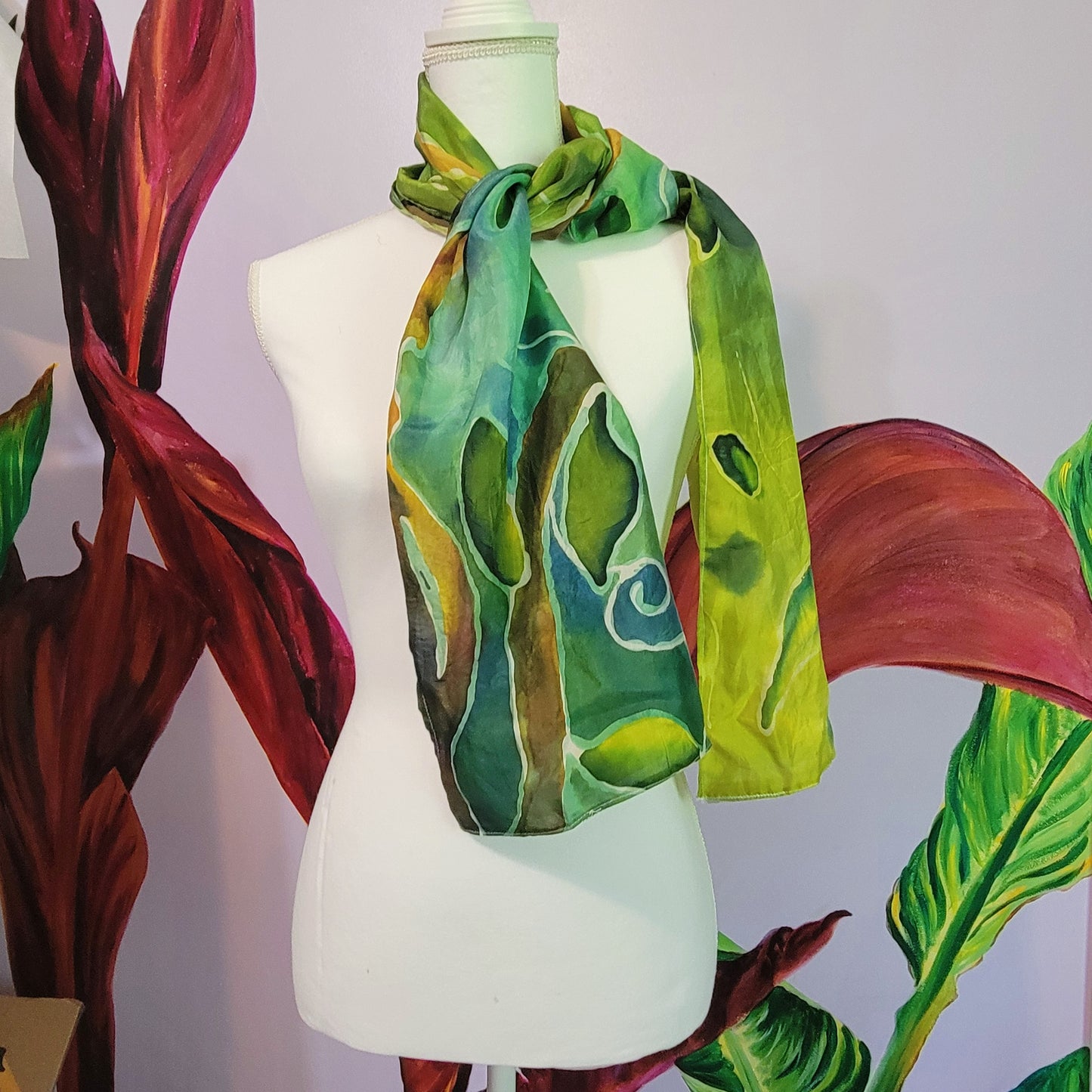 Pixie Hollow – Hand Painted Habotai Silk Scarf, Green Vine & Leaf Design, Artisan Wearable Art Shawl