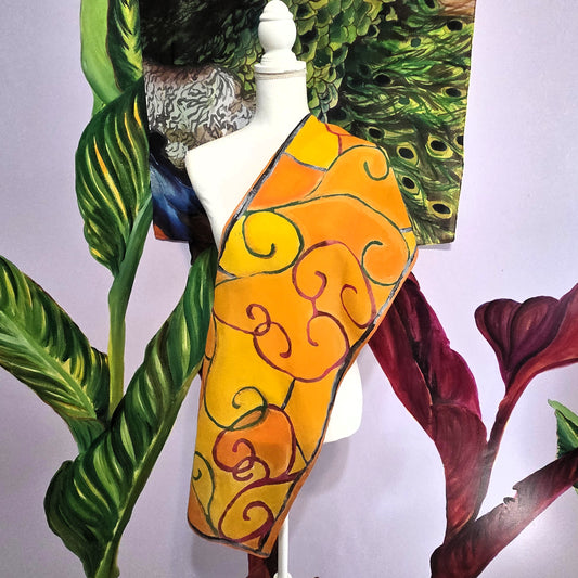 Autumn Gate hand-painted habotai silk scarf with pink and green wrought iron inspired linework
