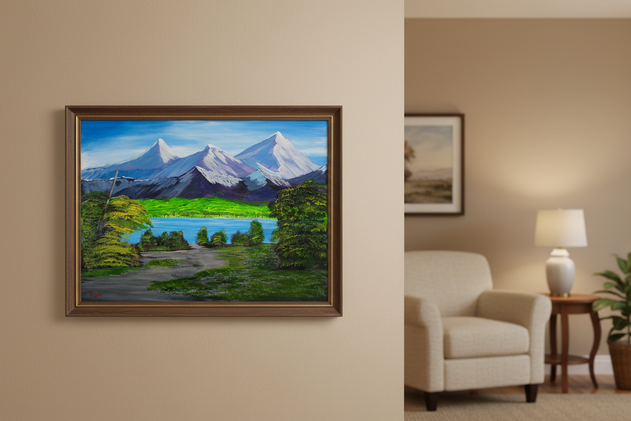 Original acrylic mountain landscape painting with lake, trees, hiking trail, and peaks at Five Points Pass by Ronnie Poole on 18x24 canvas