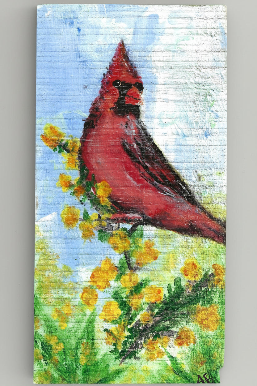 Original hand-painted red cardinal perched on yellow wildflowers on a wooden panel by Amy Bridges