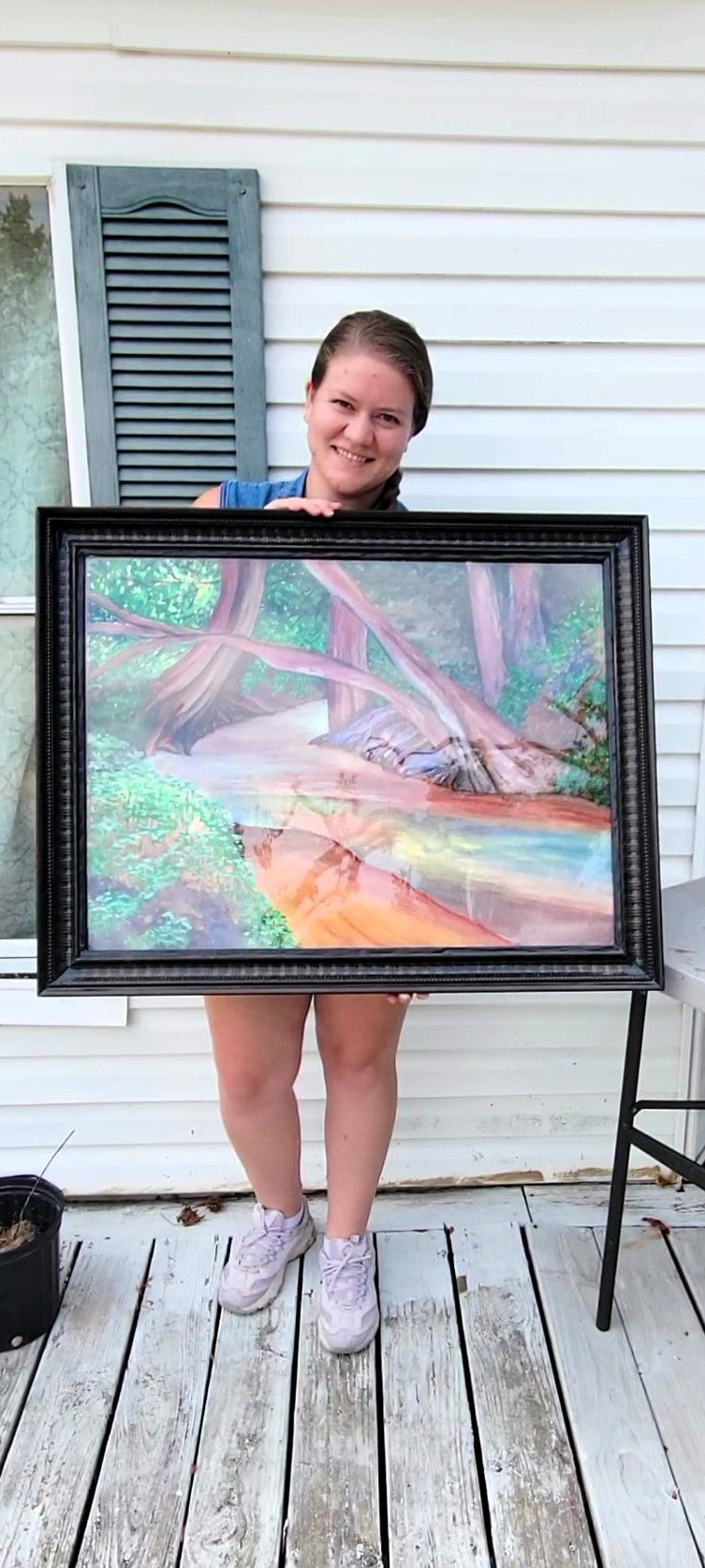 A River Runs Through | Extra Large Original Watercolor & Gouache Landscape Painting | Handmade Solid Wood Frame | Nature Forest Creek Wall Art