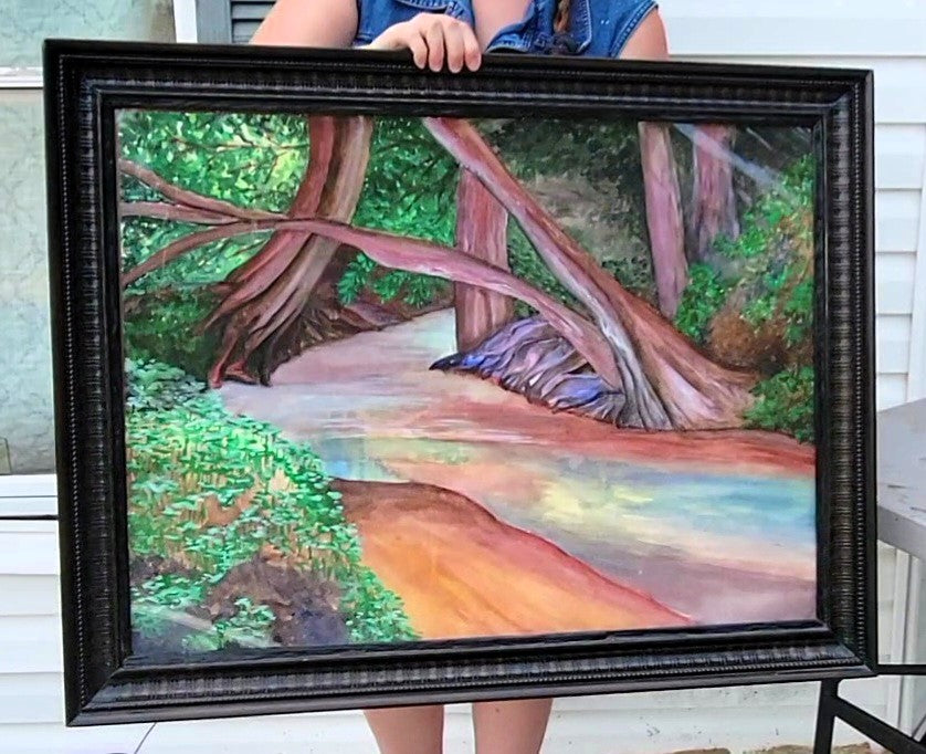 A River Runs Through | Extra Large Original Watercolor & Gouache Landscape Painting | Handmade Solid Wood Frame | Nature Forest Creek Wall Art