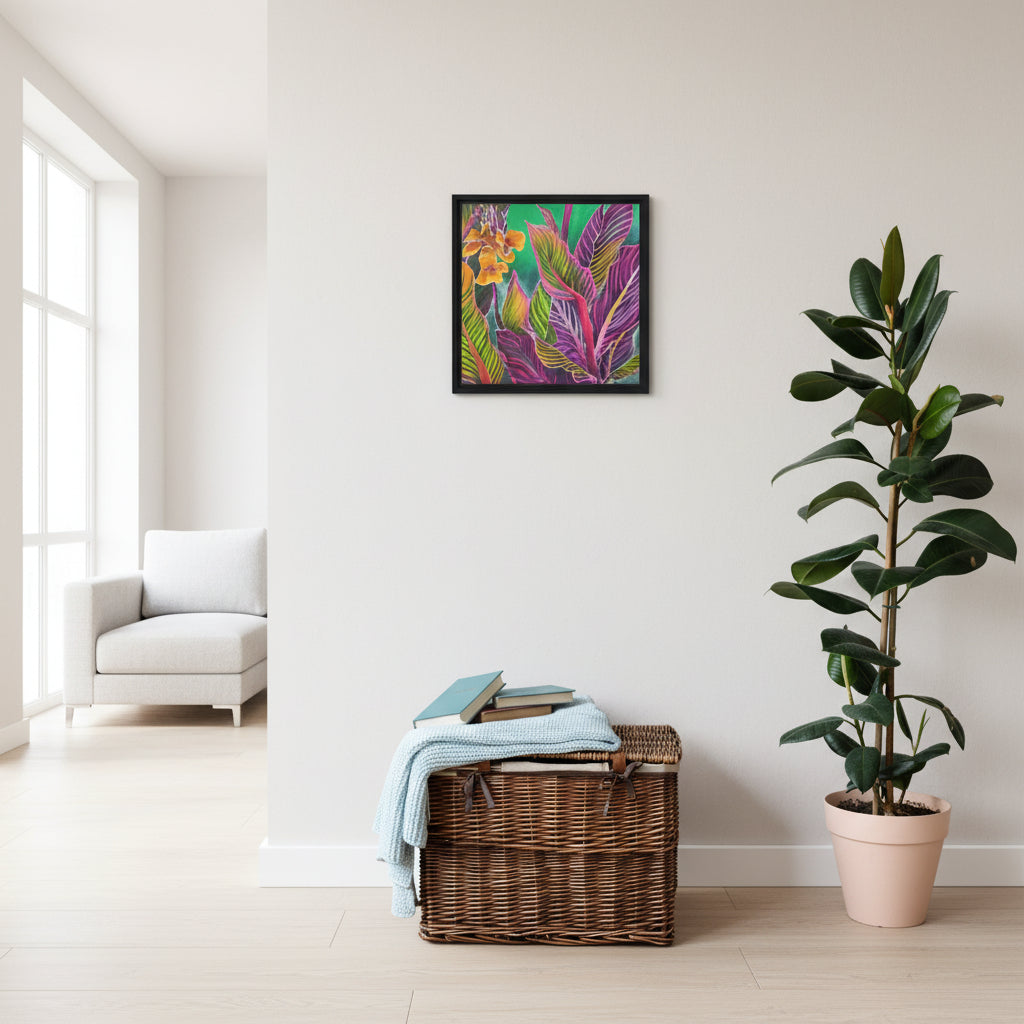 Framed canvas print of Rainbow Lilies featuring colorful canna lily leaves painted on silk by Amy Bridges.