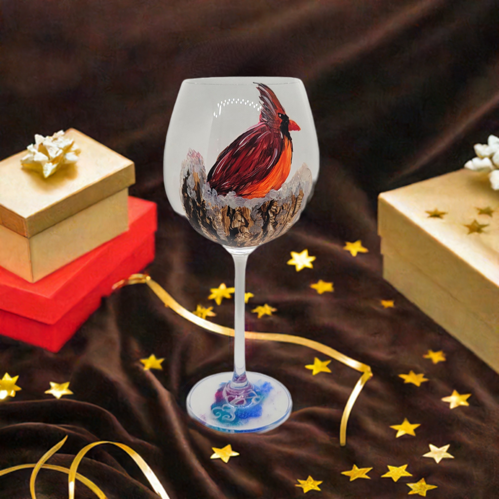 Cardinal on a Snowy Stump Wine Glass⁹