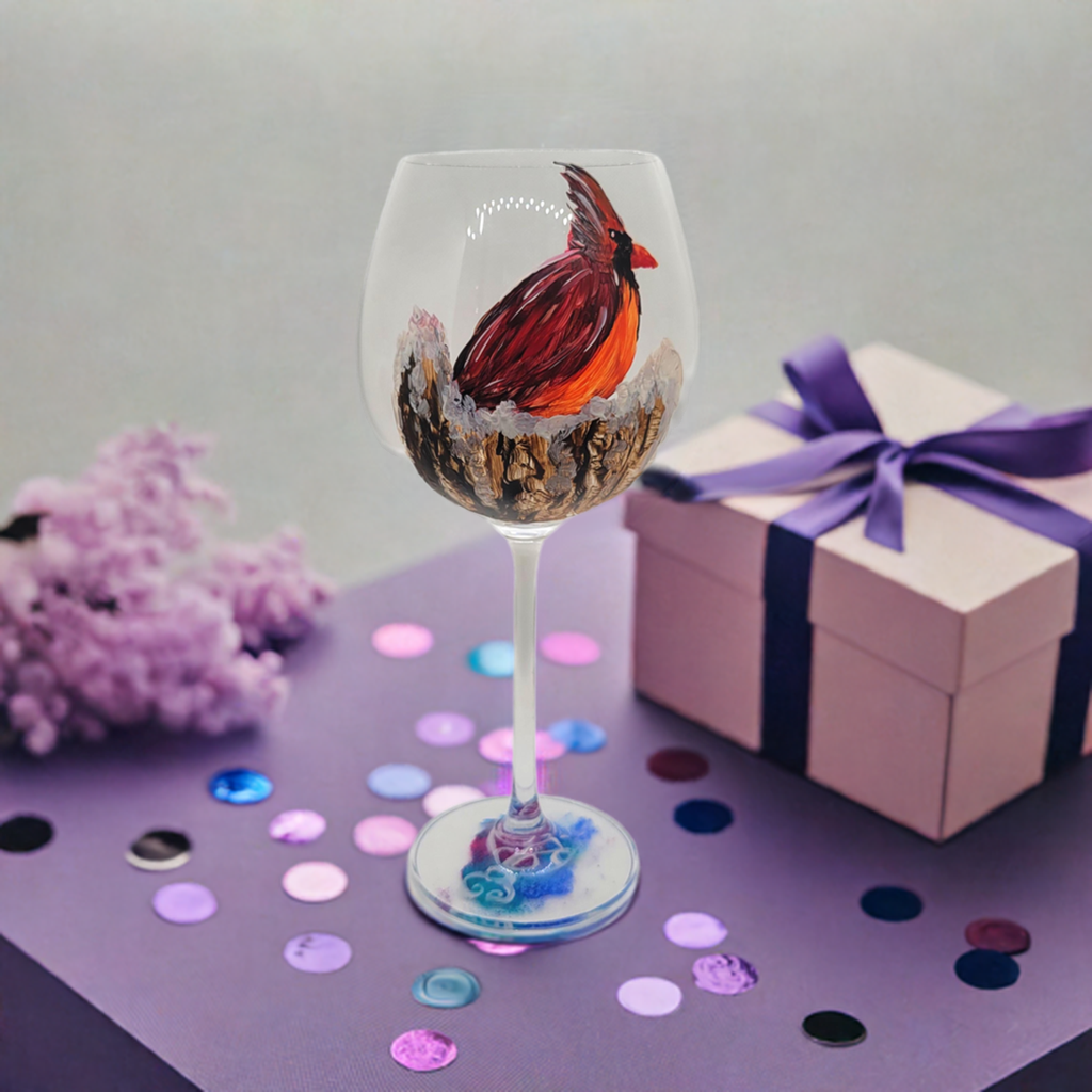 Cardinal on a Snowy Stump Wine Glass⁹