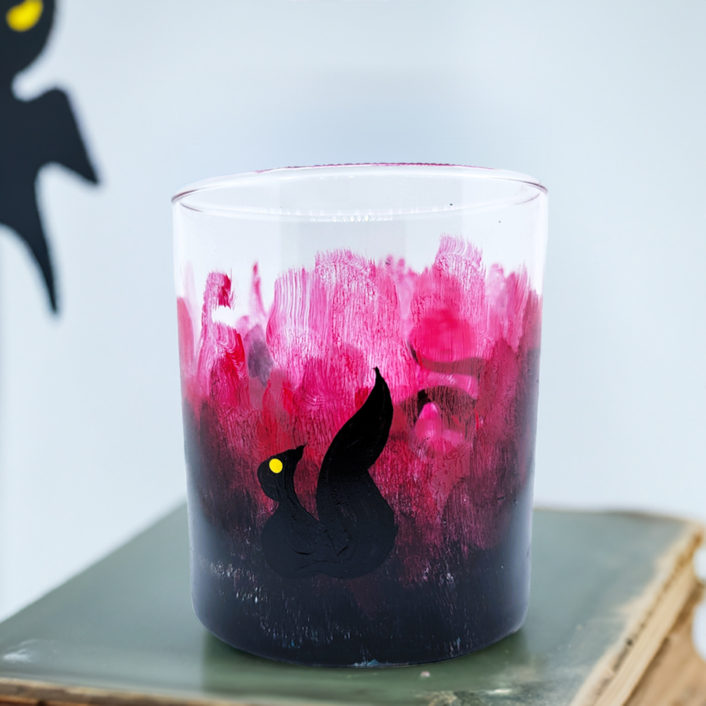 Spooky Squirrel Glass | 11oz Hand-Painted Halloween Highball Cup | Black & Red Gothic Forest Tumbler | Dishwasher Safe Artisan Glassware