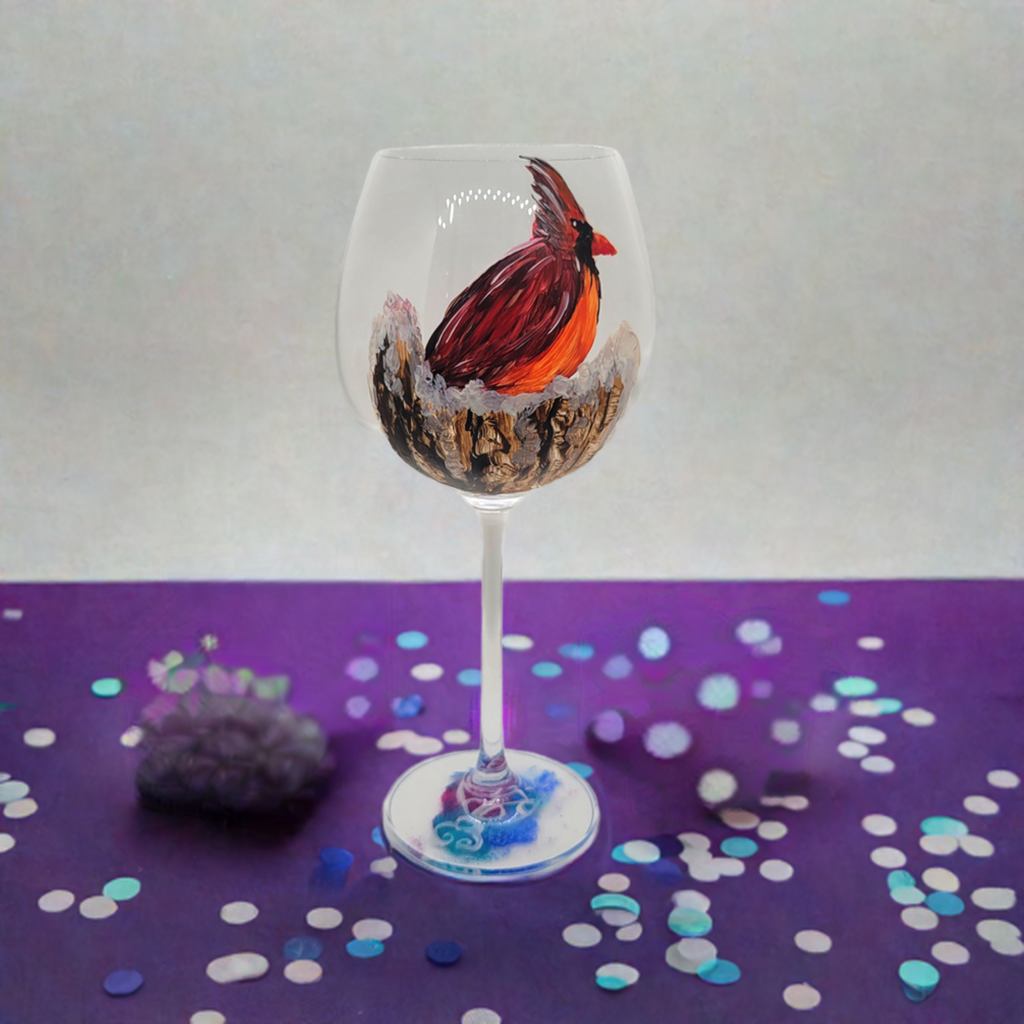 Cardinal on a Snowy Stump Wine Glass⁹