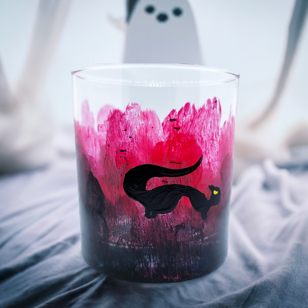 Spooky Squirrel Glass | 11oz Hand-Painted Halloween Highball Cup | Black & Red Gothic Forest Tumbler | Dishwasher Safe Artisan Glassware