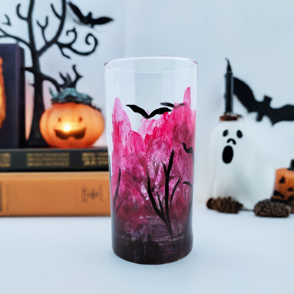Hand-Painted Halloween Glass | 16oz Spooky Bat Forest Cup | Red Forest Artisan Glassware | Dishwasher Safe Bats in Trees Tumbler