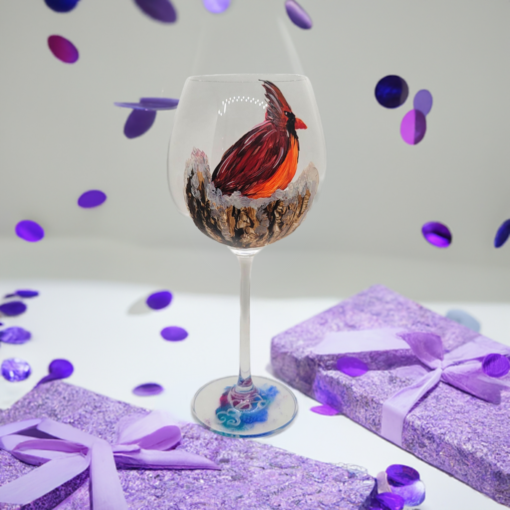 Cardinal on a Snowy Stump Wine Glass⁹