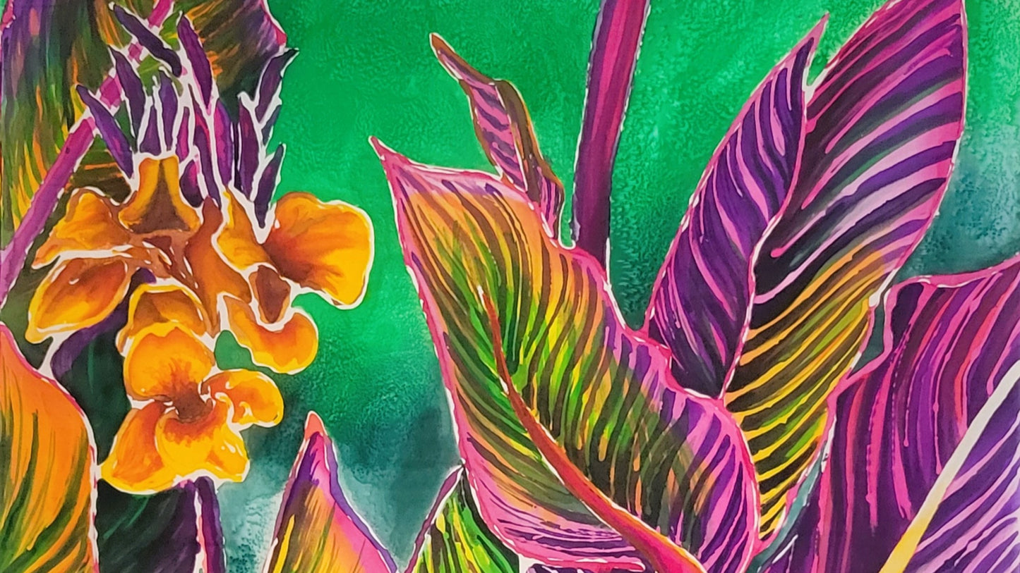 detail photo of silk painting rainbow lilies by amy bridges