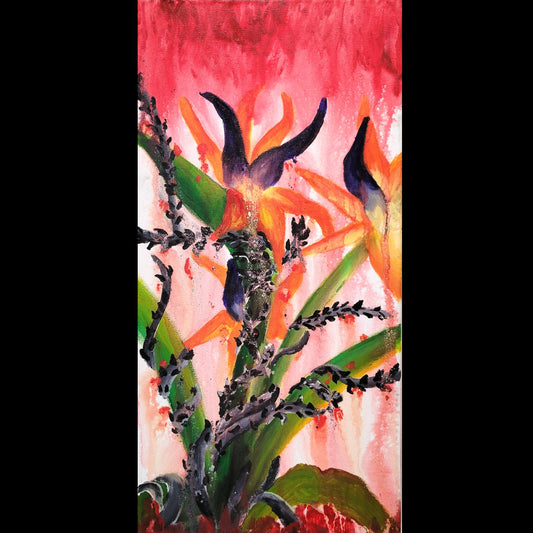Abstract botanical acrylic painting showing an orange Bird of Paradise plant surrounded by dark thorned vines, with red ground and dripping red paint from the top of the canvas.