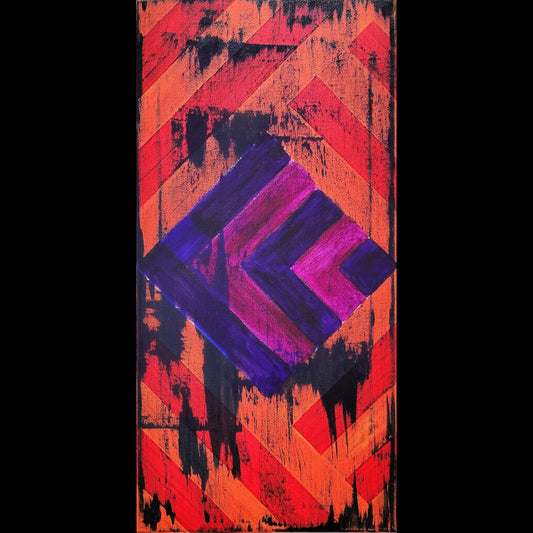 Original abstract acrylic painting titled Inner Stripes featuring vibrant orange geometric forms, purple diamond shapes, and expressive dark textured marks by Amy Bridges