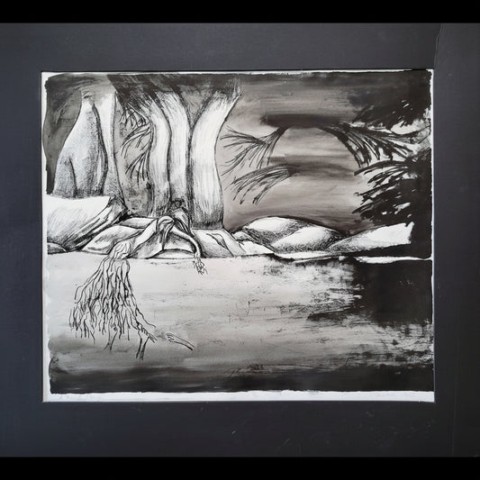 Black and white hand-pulled lithograph print showing a figure in a forested environment transitioning into underwater linear nerve-like forms with expressive contrast.