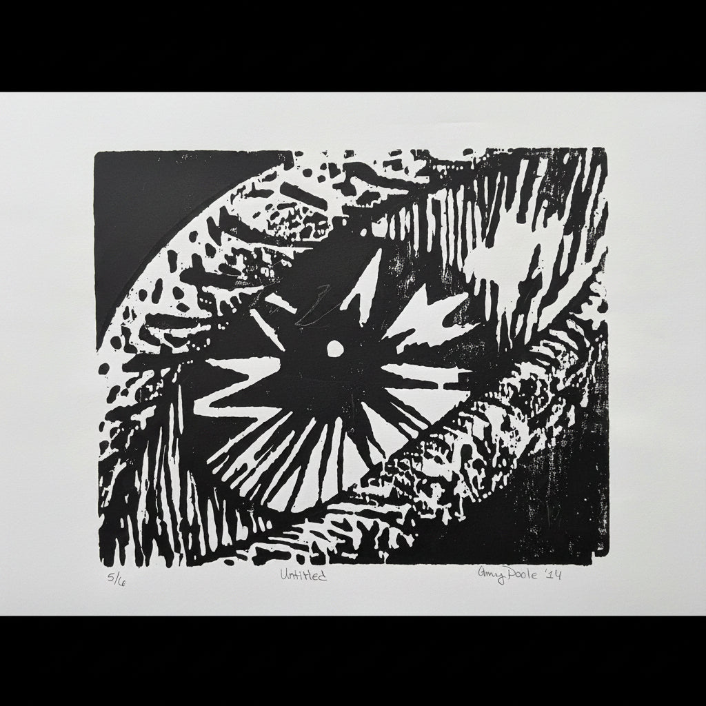 Hand-pulled black and white woodcut print of a diagonal eye composition on rice paper showing contrast between carved ink and white highlights.