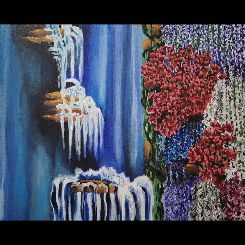 Original acrylic painting titled Wisteria Falls showing hanging wisteria vines and waterfall cliff landscape by Amy Bridges
