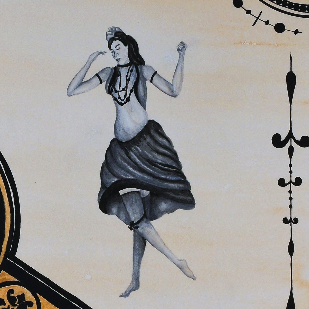 Multimedia historical painting on coffee-aged paper depicting the 1893 Chicago World’s Fair “Streets of Cairo” exhibit, with Art Nouveau ink borders, gold typography, and illustrated dancers known as Little Egypt.