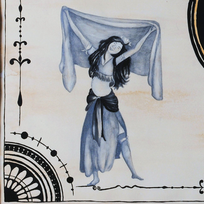 Multimedia historical painting on coffee-aged paper depicting the 1893 Chicago World’s Fair “Streets of Cairo” exhibit, with Art Nouveau ink borders, gold typography, and illustrated dancers known as Little Egypt.