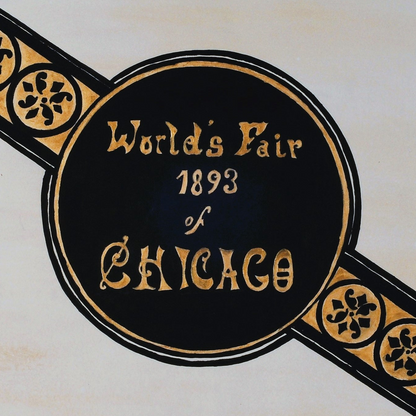 Multimedia historical painting on coffee-aged paper depicting the 1893 Chicago World’s Fair “Streets of Cairo” exhibit, with Art Nouveau ink borders, gold typography, and illustrated dancers known as Little Egypt.