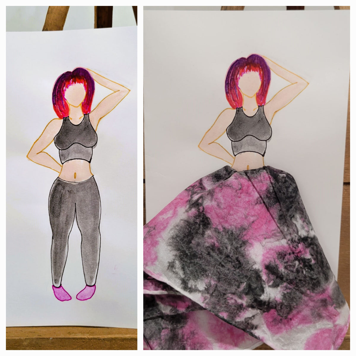 Hand-painted greeting card featuring watercolor fashion illustration with removable silk pocket square dress by Amy Bridges