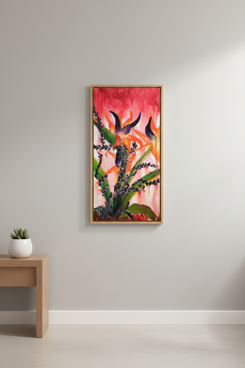 Abstract botanical acrylic painting showing an orange Bird of Paradise plant surrounded by dark thorned vines, with red ground and dripping red paint from the top of the canvas.