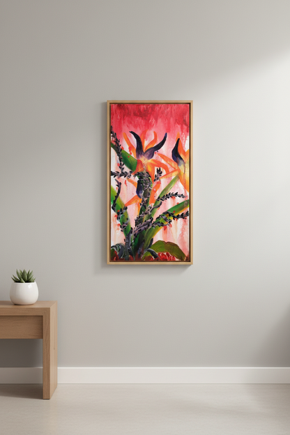 Abstract botanical acrylic painting showing an orange Bird of Paradise plant surrounded by dark thorned vines, with red ground and dripping red paint from the top of the canvas.