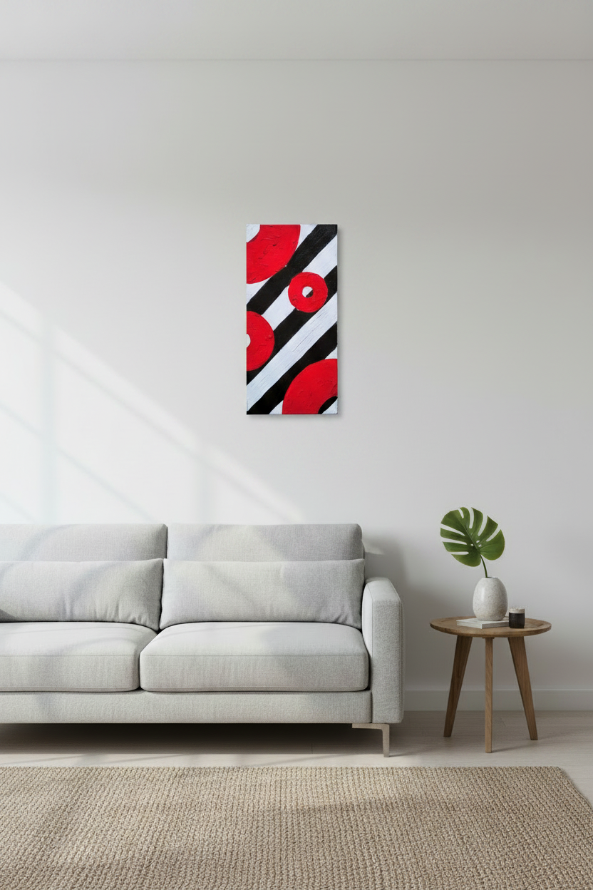 Original abstract acrylic painting titled Inflamed featuring black and white diagonal stripes interrupted by heavily textured bright red circular forms.