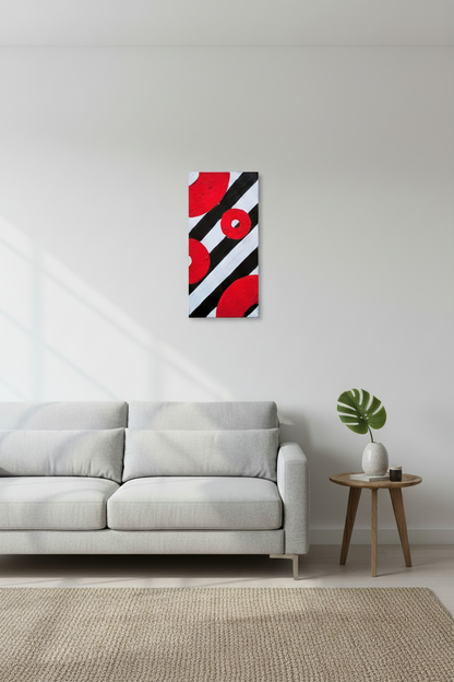 Original abstract acrylic painting titled Inflamed featuring black and white diagonal stripes interrupted by heavily textured bright red circular forms.