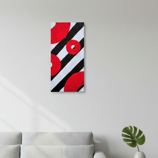 Original abstract acrylic painting titled Inflamed featuring black and white diagonal stripes interrupted by heavily textured bright red circular forms.