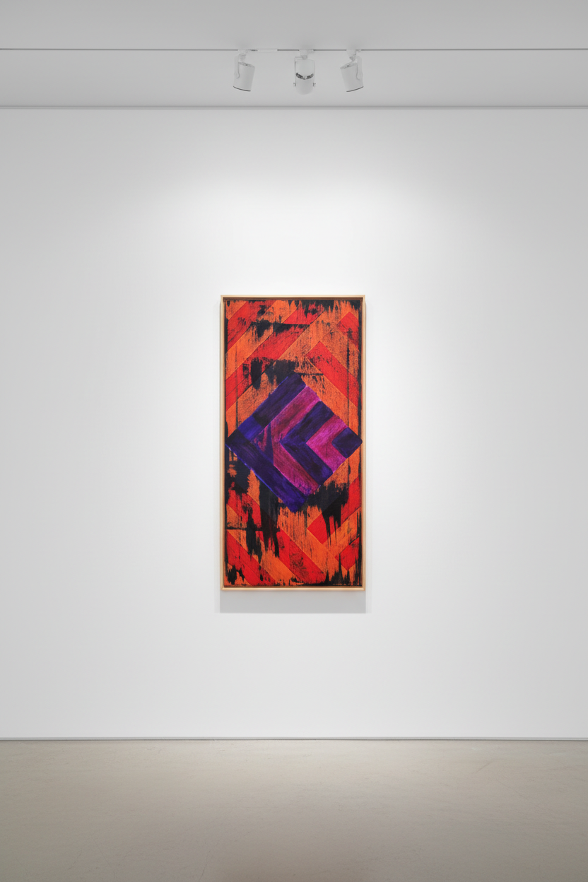 Original abstract acrylic painting titled Inner Stripes featuring vibrant orange geometric forms, purple diamond shapes, and expressive dark textured marks by Amy Bridges