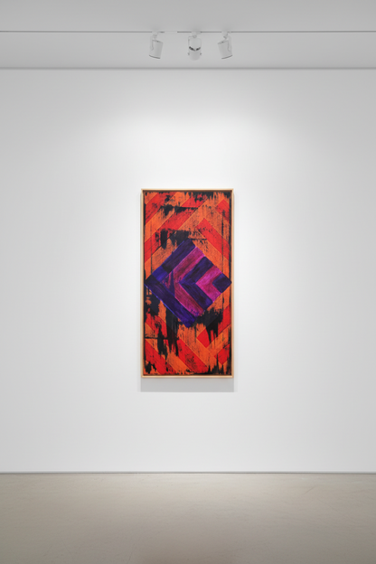 Original abstract acrylic painting titled Inner Stripes featuring vibrant orange geometric forms, purple diamond shapes, and expressive dark textured marks by Amy Bridges