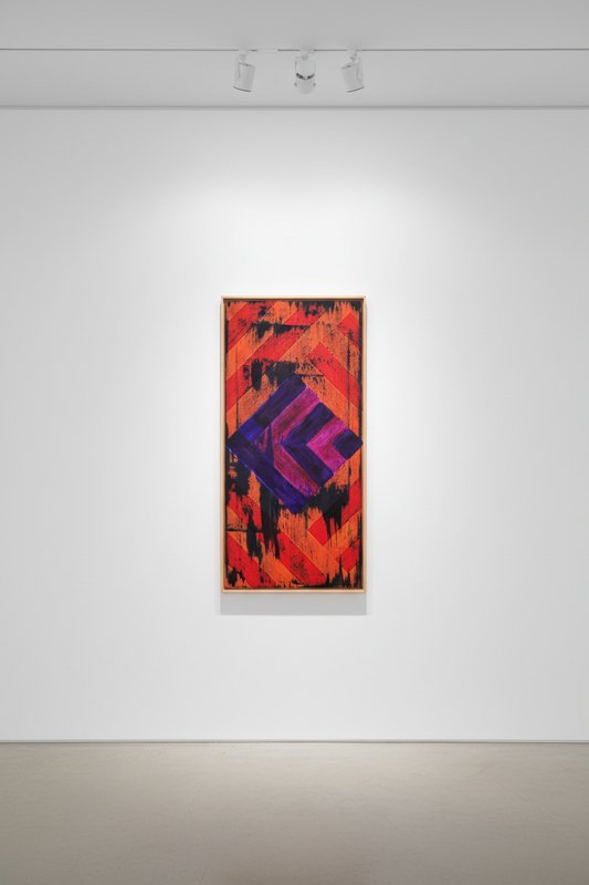 Original abstract acrylic painting titled Inner Stripes featuring vibrant orange geometric forms, purple diamond shapes, and expressive dark textured marks by Amy Bridges