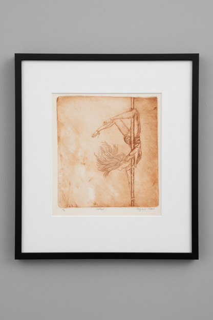 Sepia toned hand-pulled intaglio etching print showing a figurative dancer composition with textured background on cotton paper.