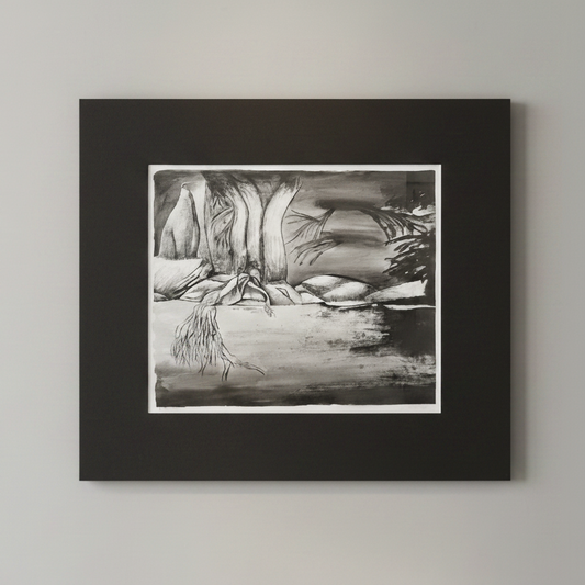 Black and white hand-pulled lithograph print showing a figure in a forested environment transitioning into underwater linear nerve-like forms with expressive contrast.