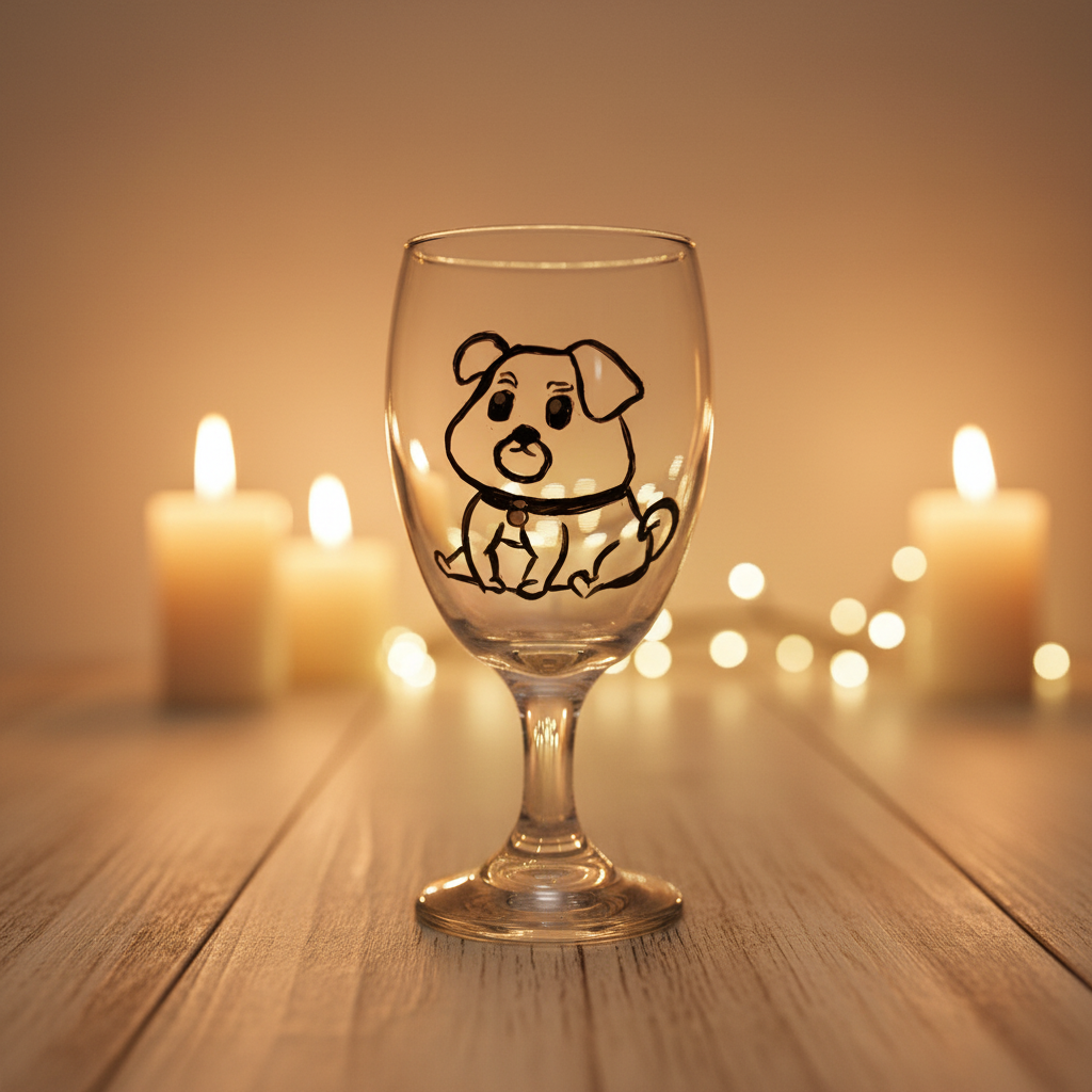 Hand-painted 16oz goblet wine glass featuring minimalist seated puppy line art with metallic collar detail by Amy Bridges