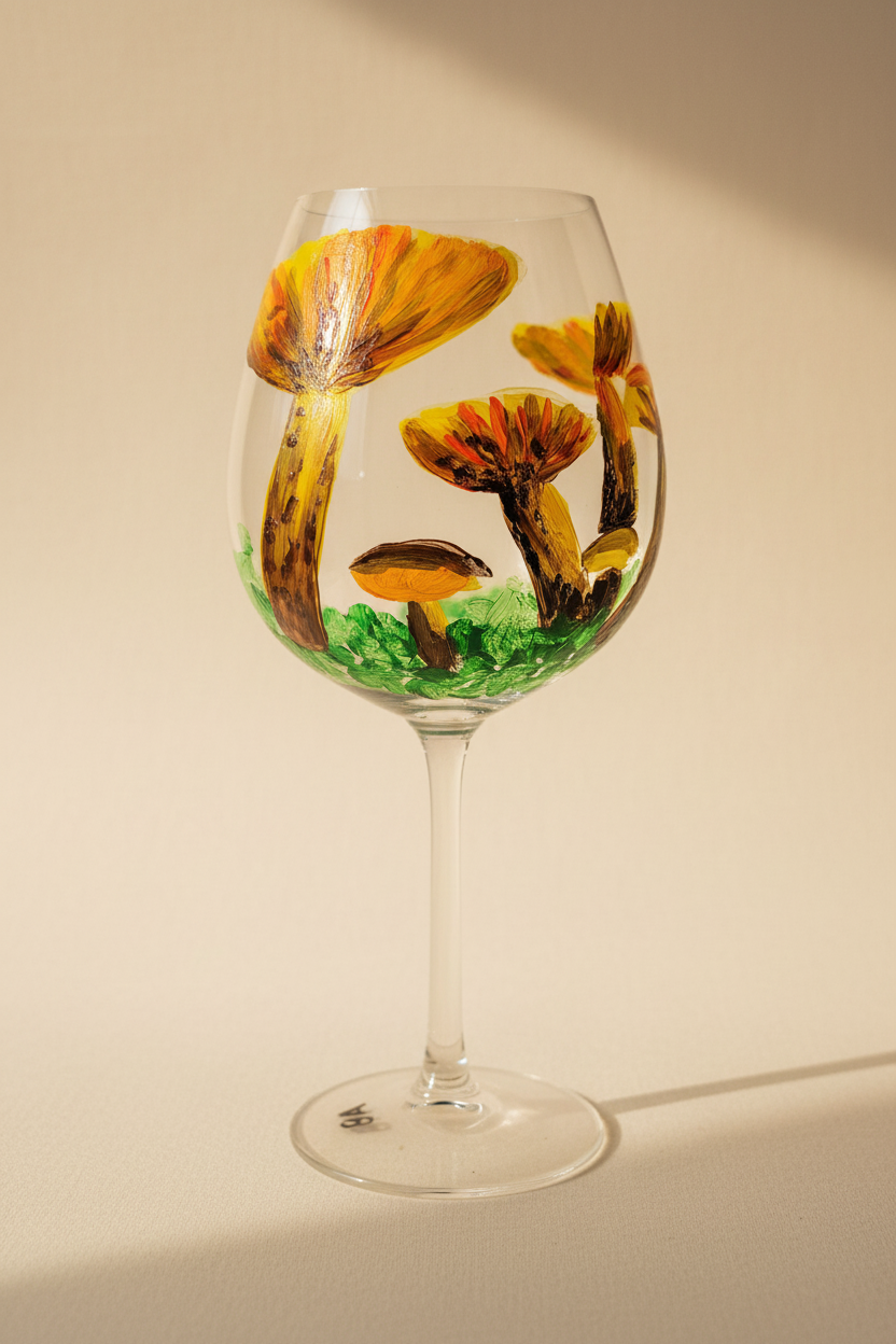 Hand Painted 24 oz Wine Glass – Yellow Mushroom Design