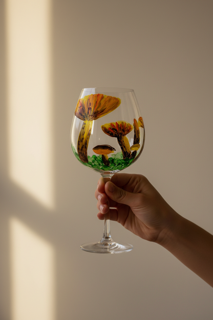 Hand Painted 24 oz Wine Glass – Yellow Mushroom Design