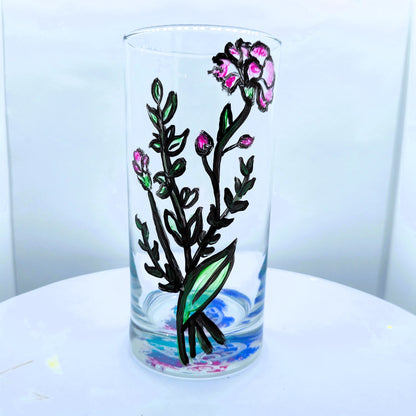 wild flowers painted on highball glass