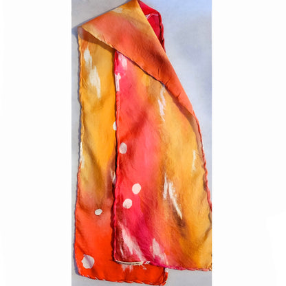 silk scarf red and yellows with spots and feathery textures