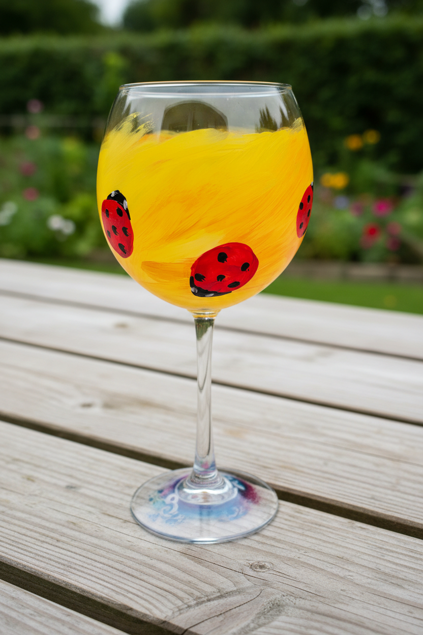 Hand-painted 18oz wine glass with yellow bowl and repeating red ladybug design by Amy Bridges