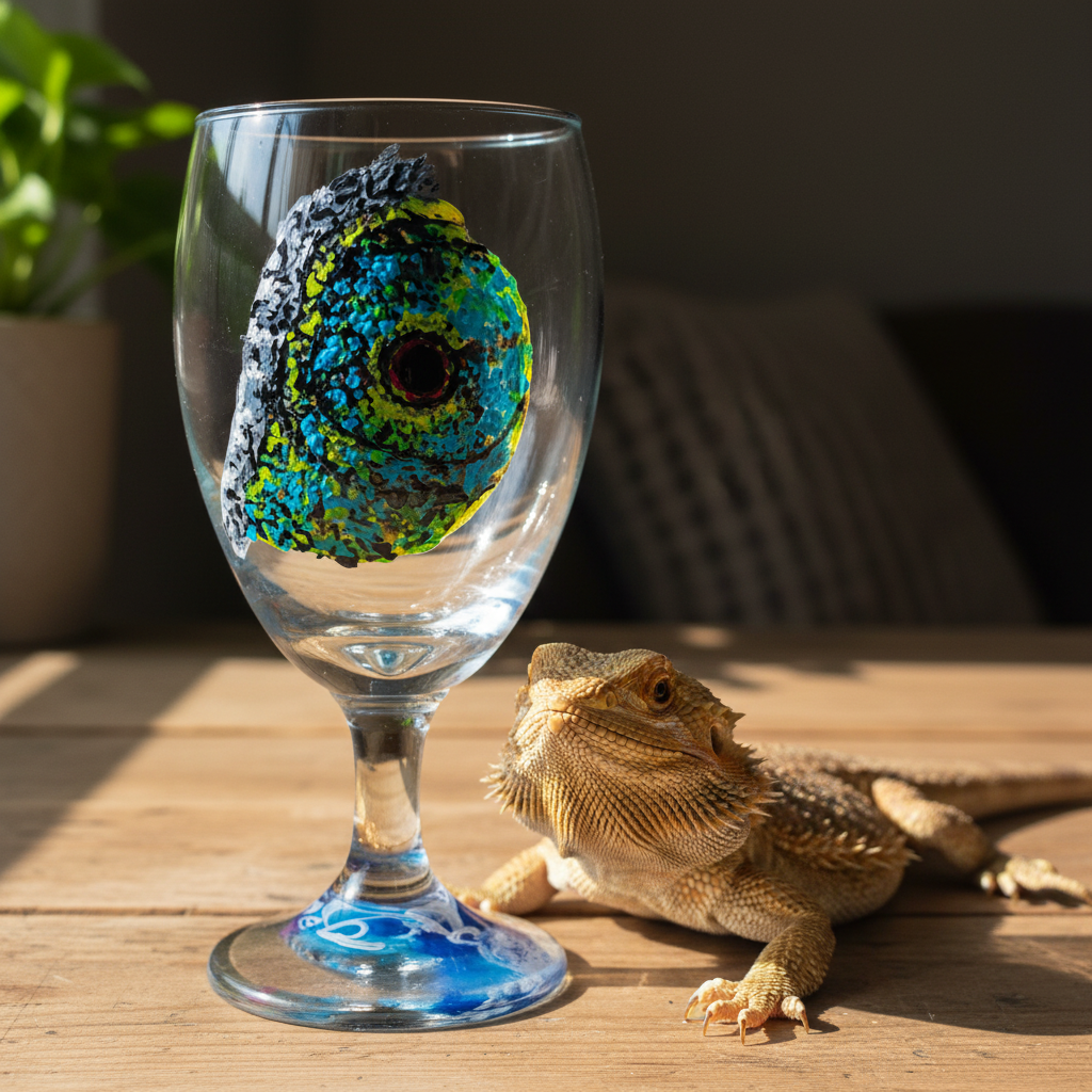 Hand-painted 16oz goblet wine glass featuring detailed blue and green chameleon eye with layered dot painting by Amy Bridges