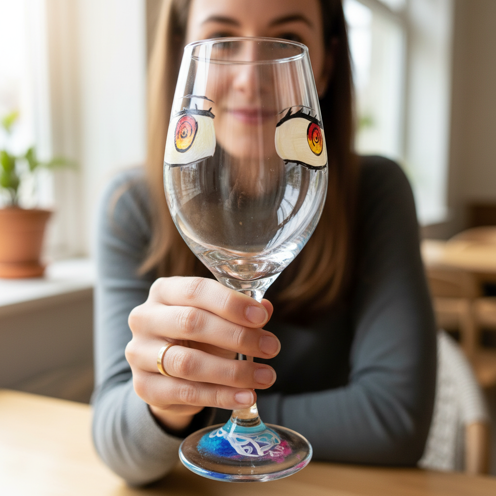 Hand-painted 12 oz dessert wine glass featuring stylized red manga-inspired spiral eyes by Amy Bridges