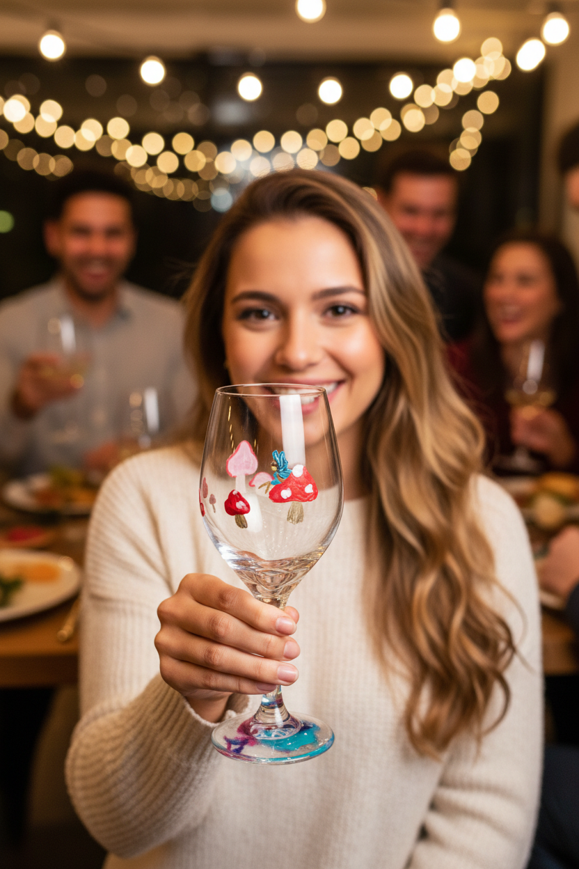 Hand-painted 12 oz dessert wine glass featuring a blue-winged fairy surrounded by red mushrooms by Amy Bridges