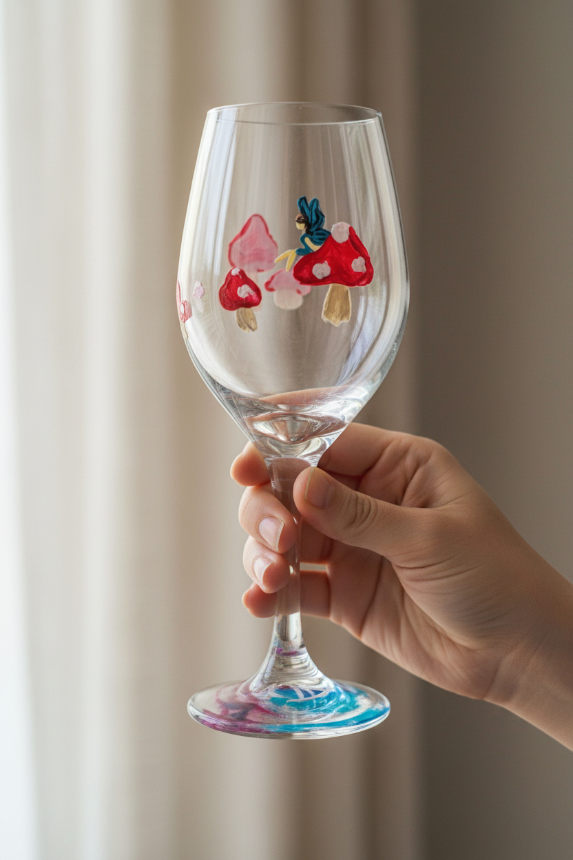 Hand-painted 12 oz dessert wine glass featuring a blue-winged fairy surrounded by red mushrooms by Amy Bridges