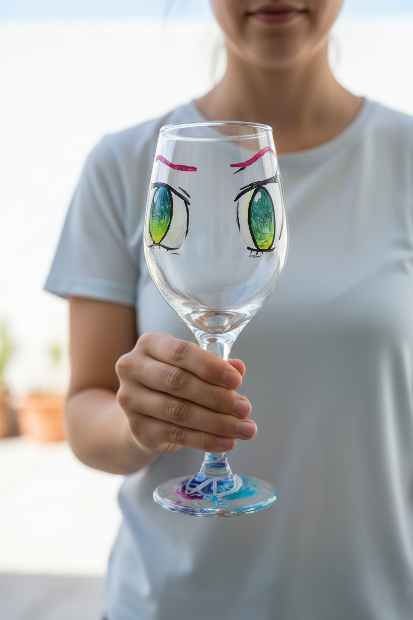 Hand-painted 12 oz dessert wine glass featuring expressive green pop art inspired eyes by Amy Bridges