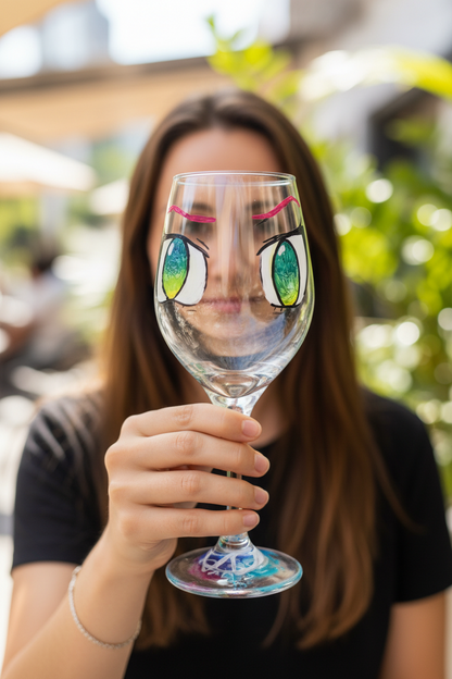 Hand-painted 12 oz dessert wine glass featuring expressive green pop art inspired eyes by Amy Bridges