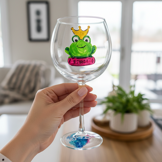 Hand-painted 18 oz wine glass featuring a whimsical Frog Prince with crown, book, lily pad, and mushrooms by Amy Bridges