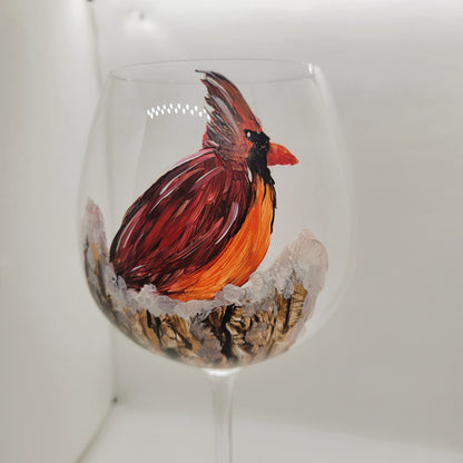 Cardinal on a Snowy Stump Wine Glass